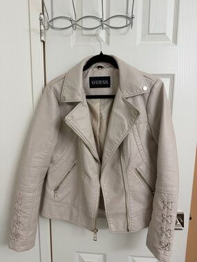 GUESS Women's Light Beige Leather Moto Jacket